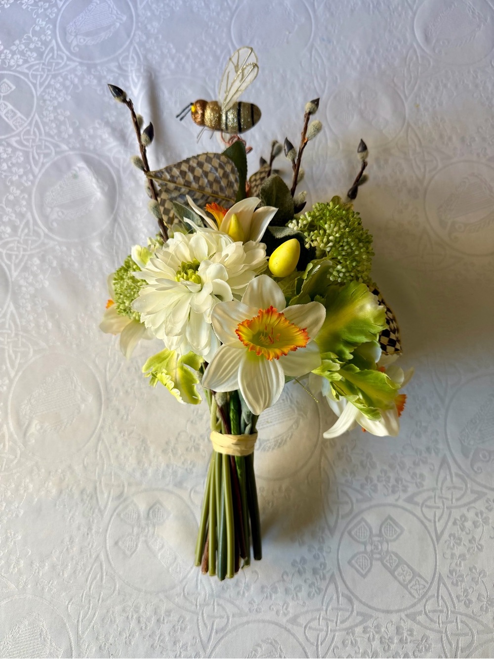 MacKenzie-Childs White and Green Faux Floral Bouquet with Glitter Bee